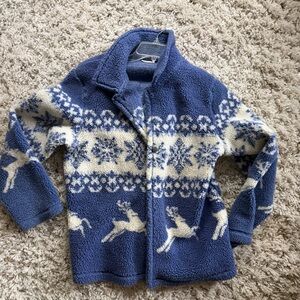 White Stag Blue and Cream Fleece winter reindeer cute Pea Coat